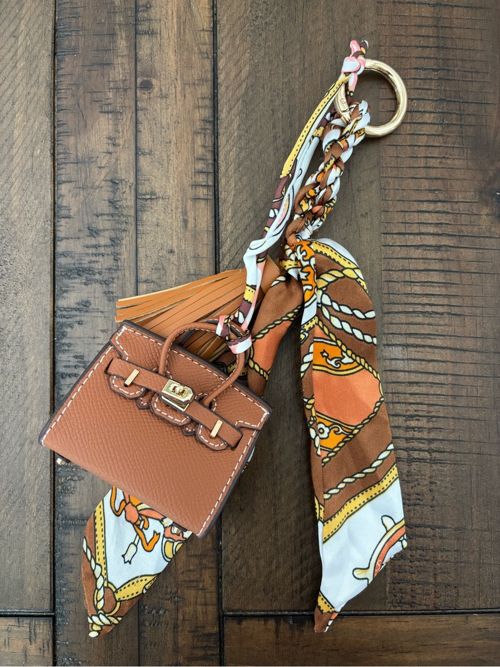 Mini Top Handle Handbag Charm Keychain with Scarf & Tassel – Brown